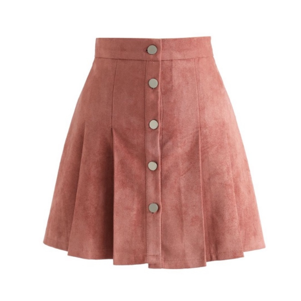 Pink Suede Button Down Pleated Skirt - Picture 1 of 4